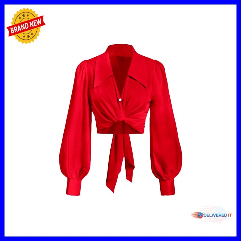Button-Down Crop Top Long Sleeve Self-Wrap Blouse Size S Polyester